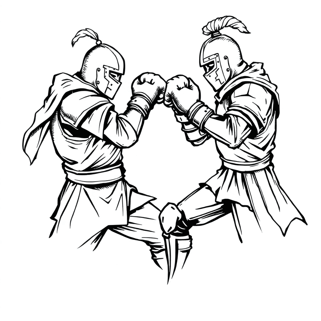 Sketch Tattoo Engraving, Black And White, Boxing, Knights Are Visible In Full, In Different Clothes, Helmets, In Boxing Gloves, Fighting, Boxing, Without Weapons, In Heavy Armor, Less Realism, Sketch