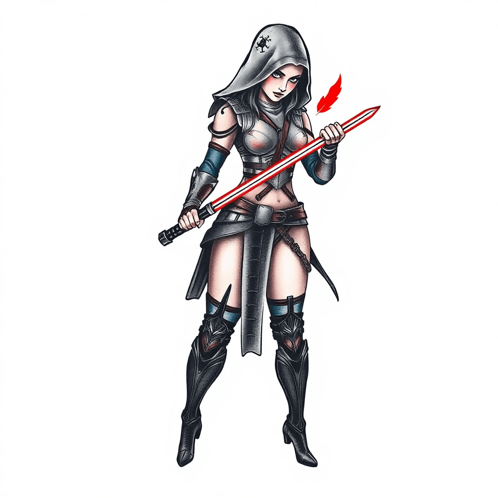 Lower Leg Tattoo Of A Female Sith Warrior With Big Hips.
