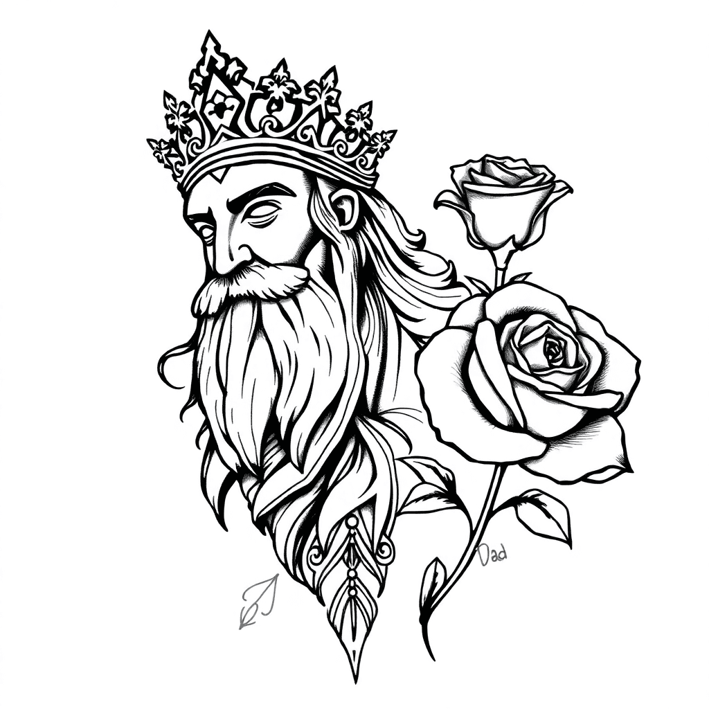 Ancient Spanish God/ With Familia Going Through It / Then A Rose On The Right Side With The Names Quin , Shay , Ti And On The Left Size Dad In A Nice Font