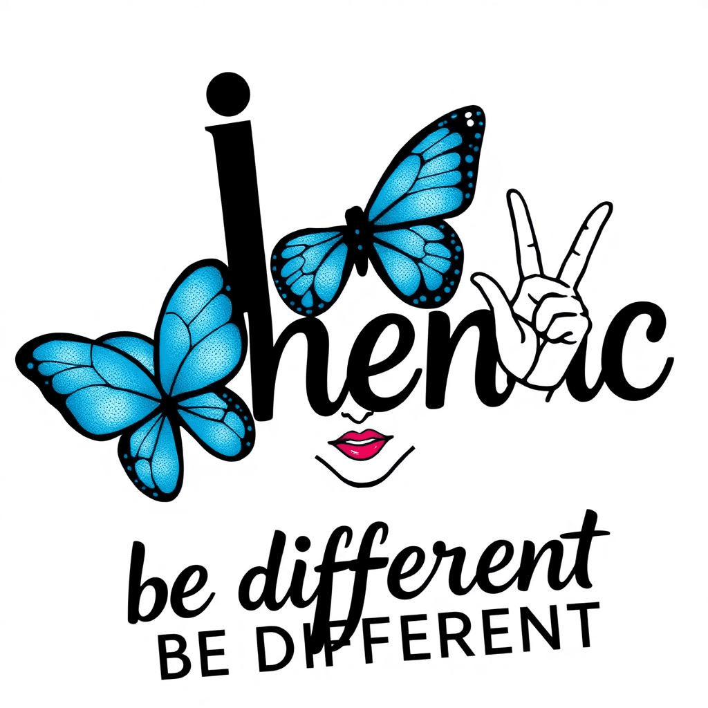The Word Authentic In Black With A Blue Heart Over The Letter I, A Blue Butterfly And A Woman Face Signing Shhhhh And Include The Words Be Different In All Caps In Black Under The Word Authentic