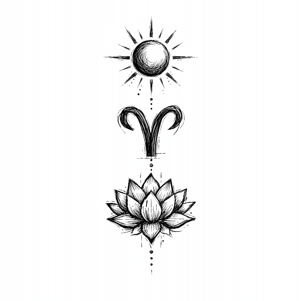 Minimal Tattoo With A Sun, Aries Symbol And Lotus Flower All In A Vertical Line
