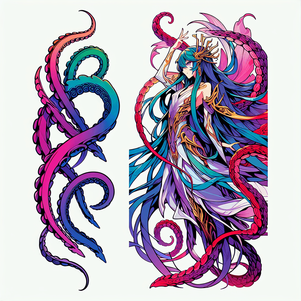 Beautiful Tattoo Design Of A Semi Naked Cecaelia With Long And Striking Tentacles Wrapping Around Her Body.