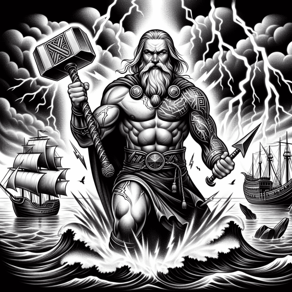 Gott Thor Mit Hammer, Blitze, Meer, Schiff Im Hintergrund