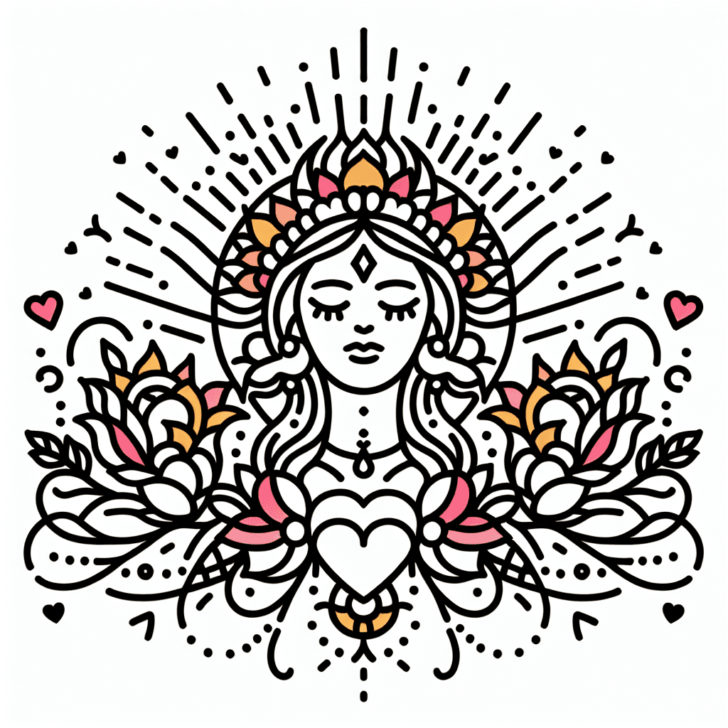 Single line "xochiquetzalli Rodeada de flores y corazones, un hermoso sol sobre de su cabeza" Tattoo Design