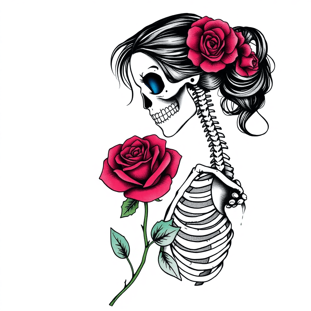 Half Woman Half Skeleton Body And Face Looking At A Rose