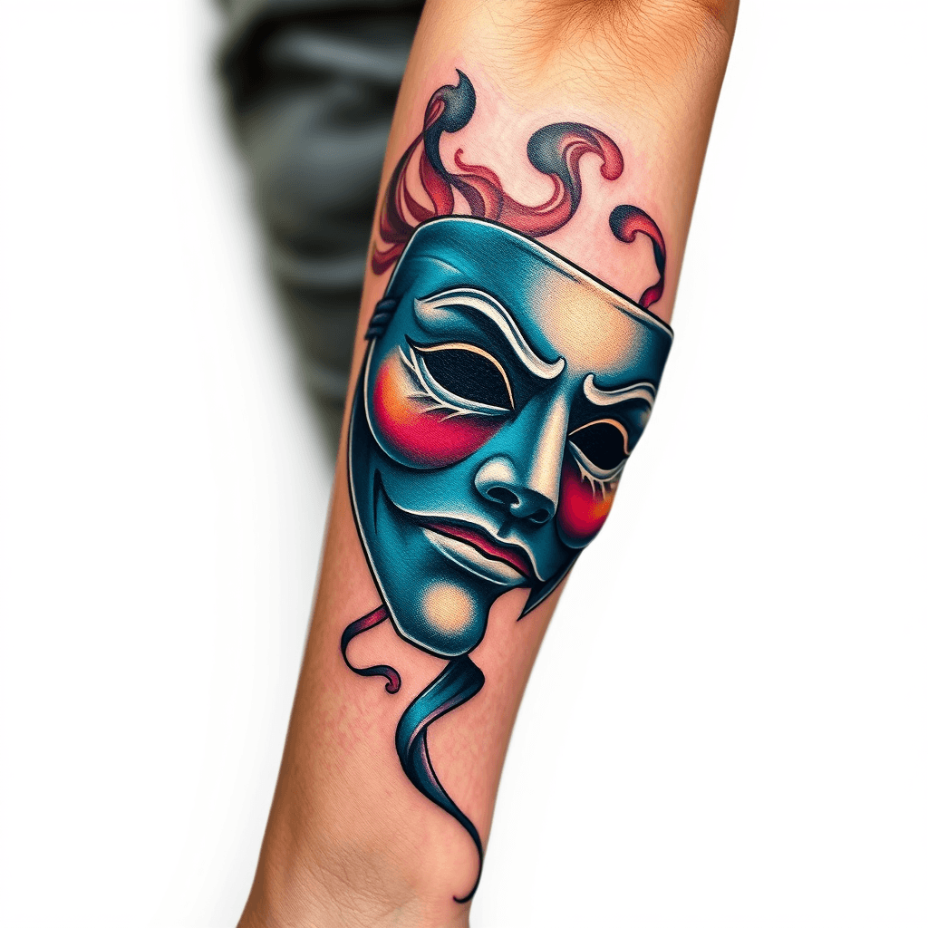 Forearm Tattoo Of Smoke Turning Into A Theater Mask