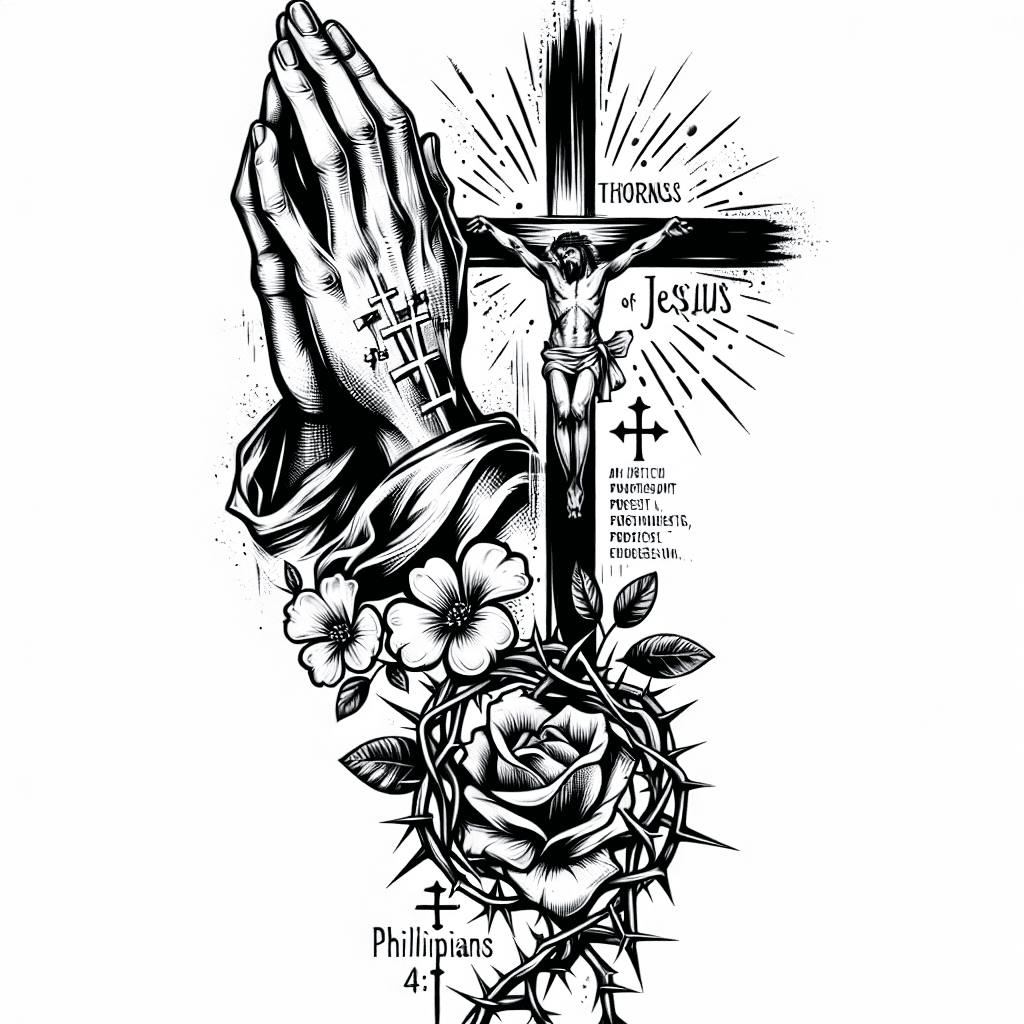 Prayer Hands Up Top Left (large), Huge Protestant Cross As Well, Thorns Of Christ, Flowers And The Bible Verse Phillipians 4:13 And Other Influential Bible Verses, Please.