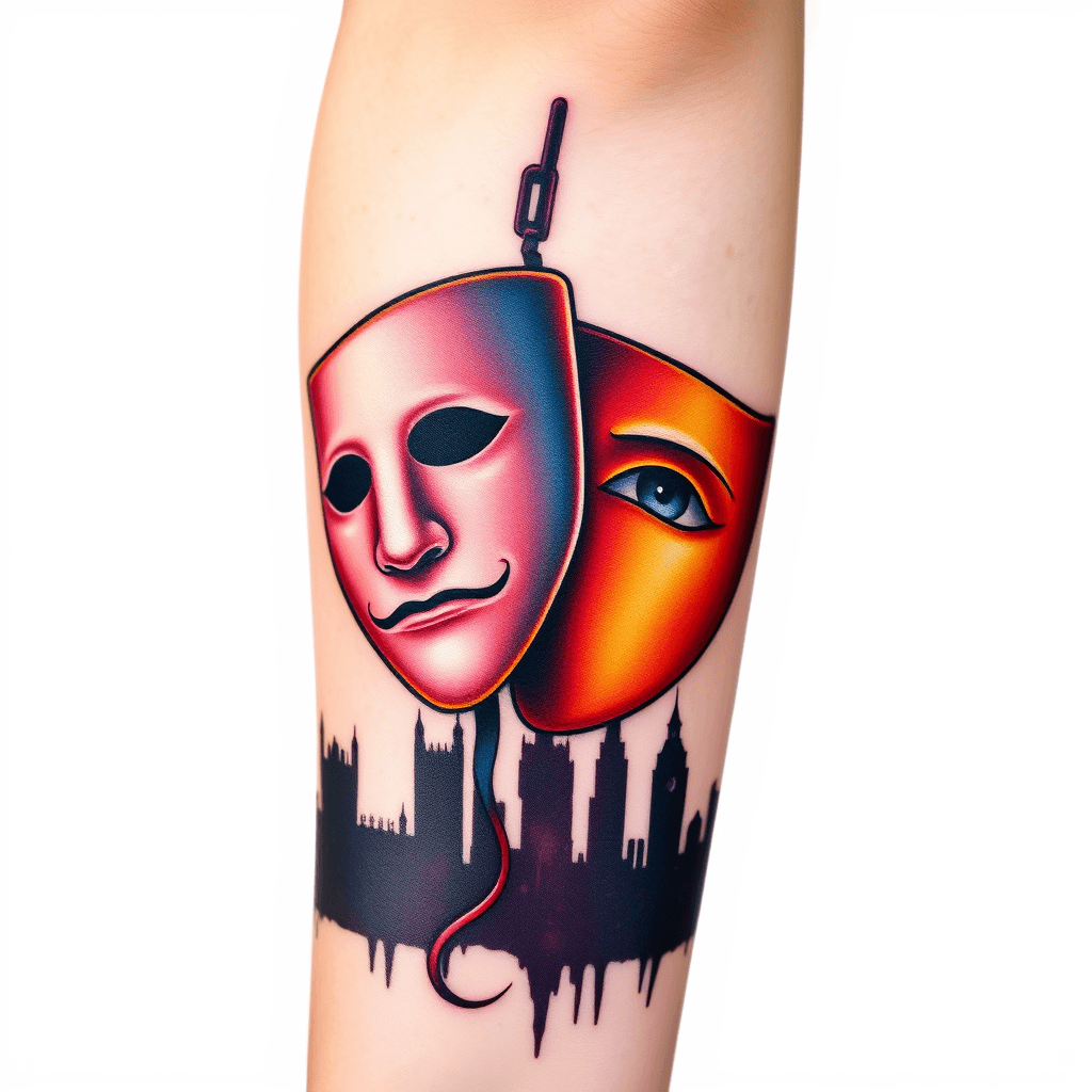 Back Of Forearm Tattoo Of A Theater Mask Against A Backdrop Of London Skyline Silhouette
