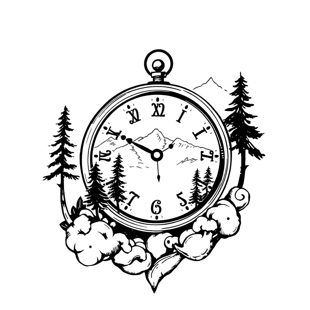 Steam Clock With Trees And Mountains