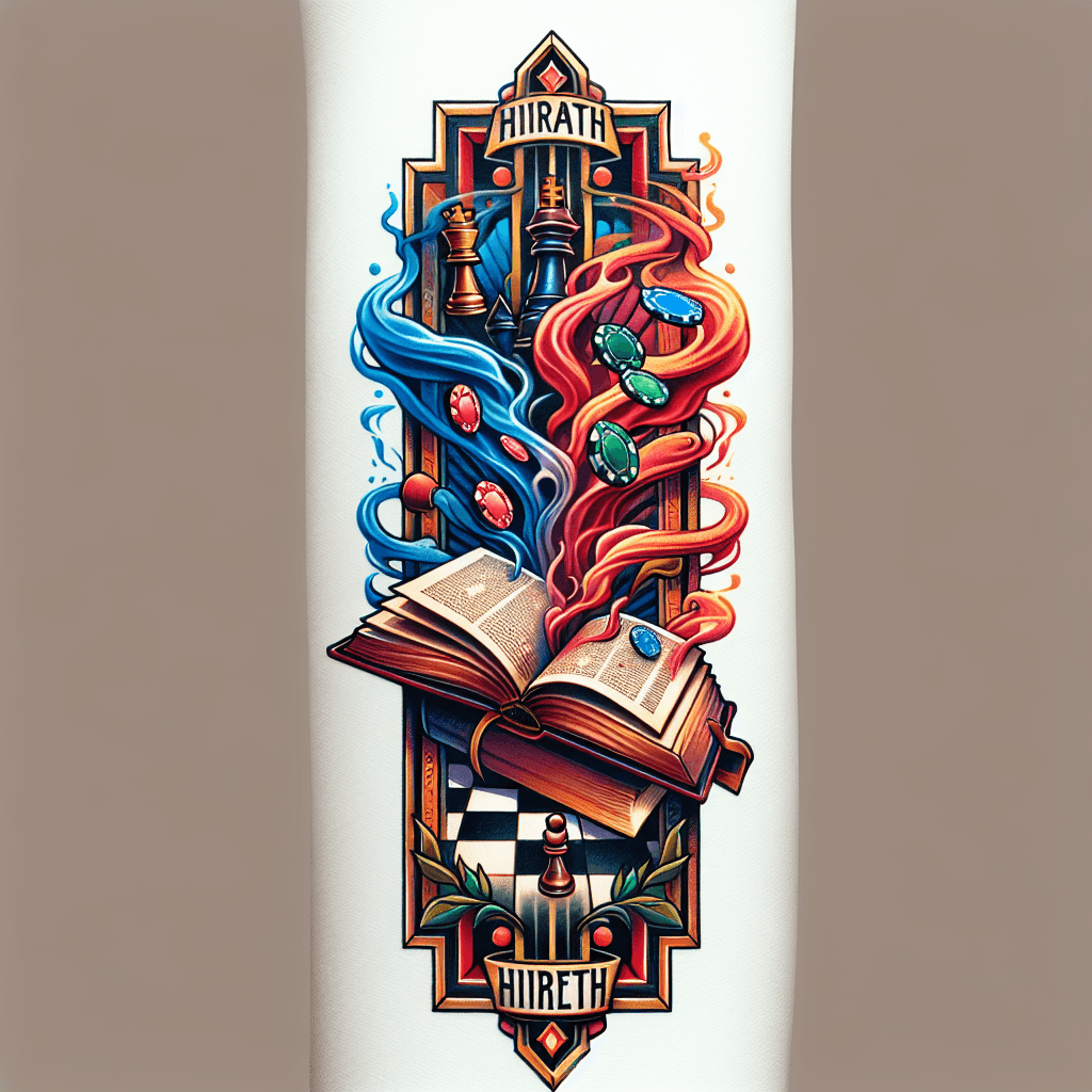 Forearm Tattoo Of An Open Book Titled “hiraeth” With Poker Chips And Chess Pieces Shooting Out With Smoke And Mist Framed With A Border