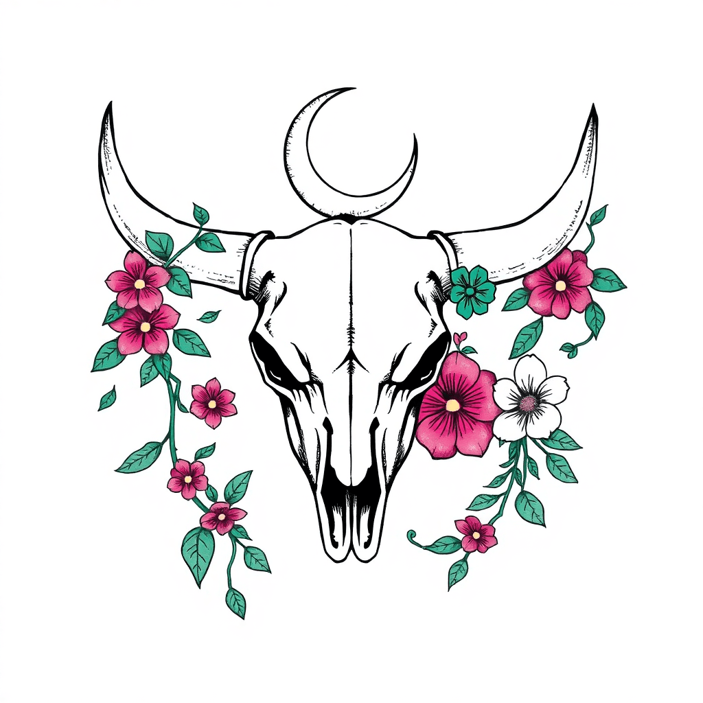 Vines And Flowers Going Through A Bull Skull With A Crescent Moon On Top