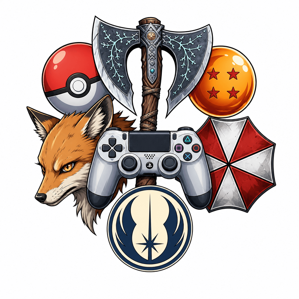 God Of War Axe, Poke Ball, Dragon Ball, Fox Hound, Umbrella Sign, Playstation Controller, Jedi Order Symbol In A Collage
