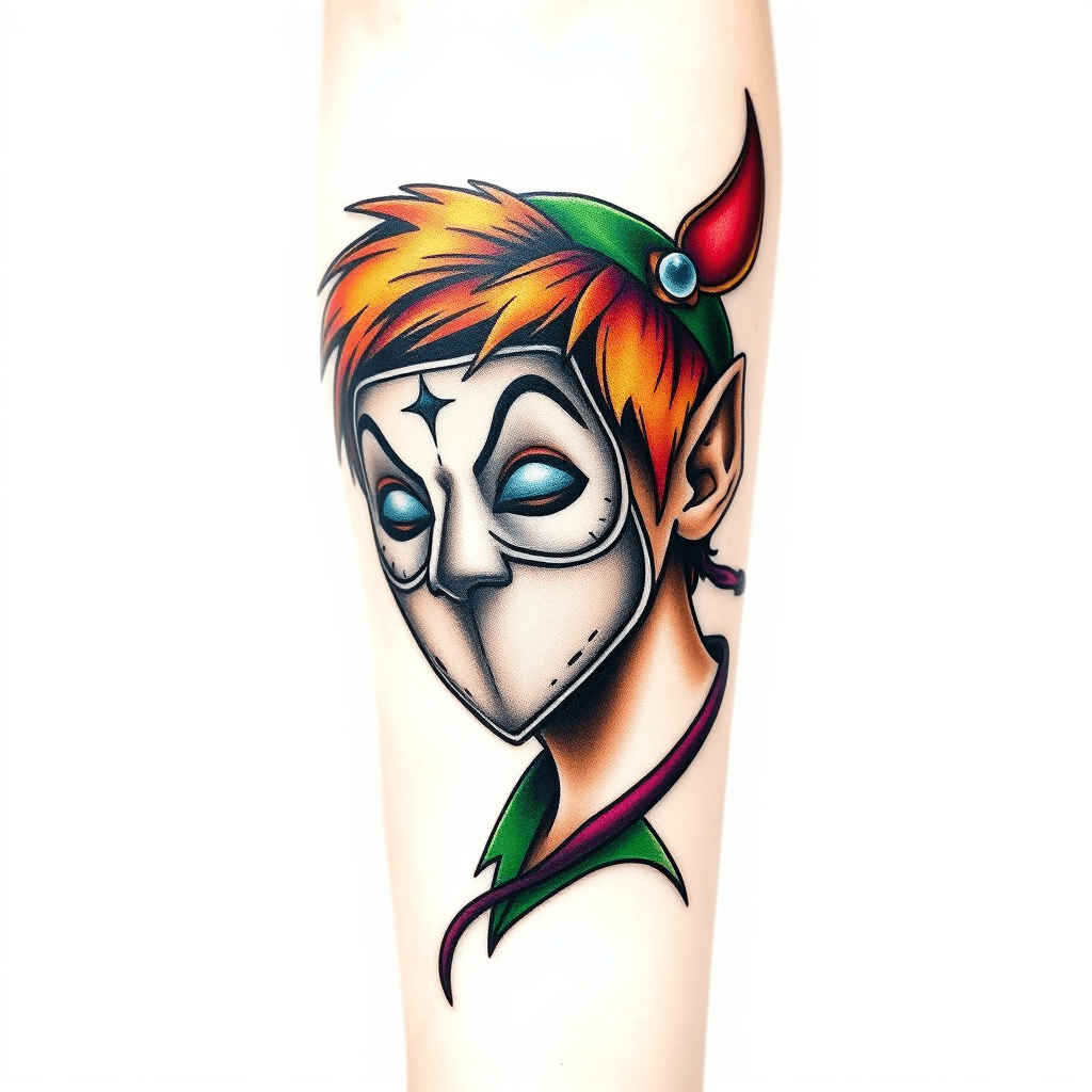 Forearm Tattoo Peter Pan Wearing A Theater Mask
