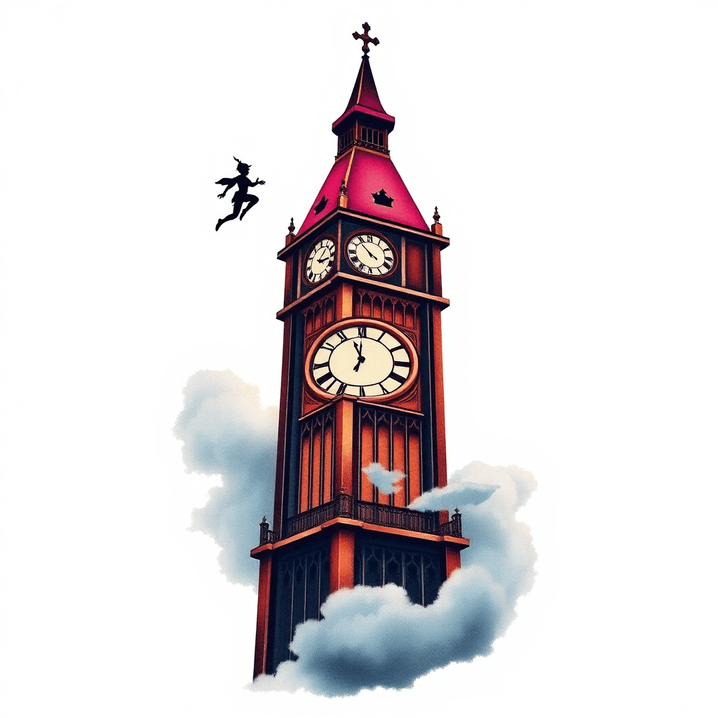 Clock Tower With Silhouette Of Peter Pan Flying Surrounded By Clouds And Fog