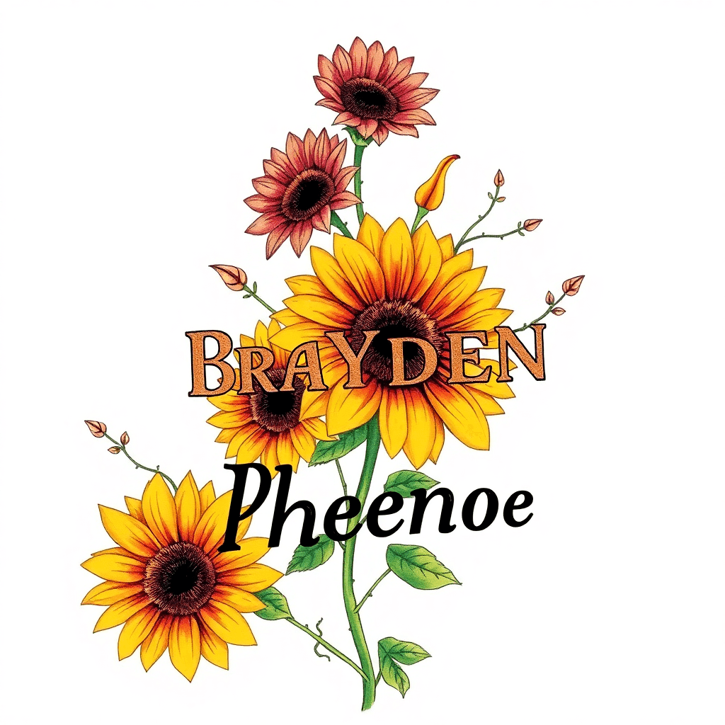 Sunflowers With Lillys And Vines With The Names Written In A Bold Rustic Lettering Carter, Brayden, Dakota, Phoenix