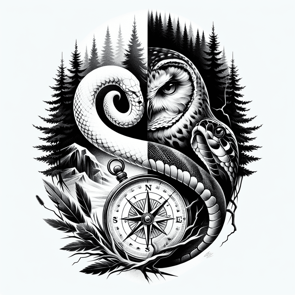 Half Geometric Owl Attacking Snake With Compass In Forest