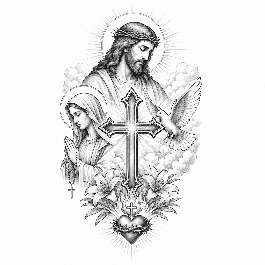 Full Christian Inspired Tattoo Including Jesus Mary And A Cross Include Dove In There And Anything You Can Think Of Too