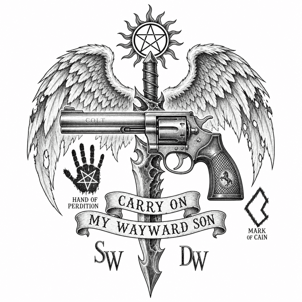 Spernatural Using The Colt Revolver, Demon Blade, Catiels Damaged Wings, Possesion Symbol, Words Carry On My Wayward Son, Mark Of Cain, Hand Of Perdition, Initials Of Sam Winc And Dean Winchester