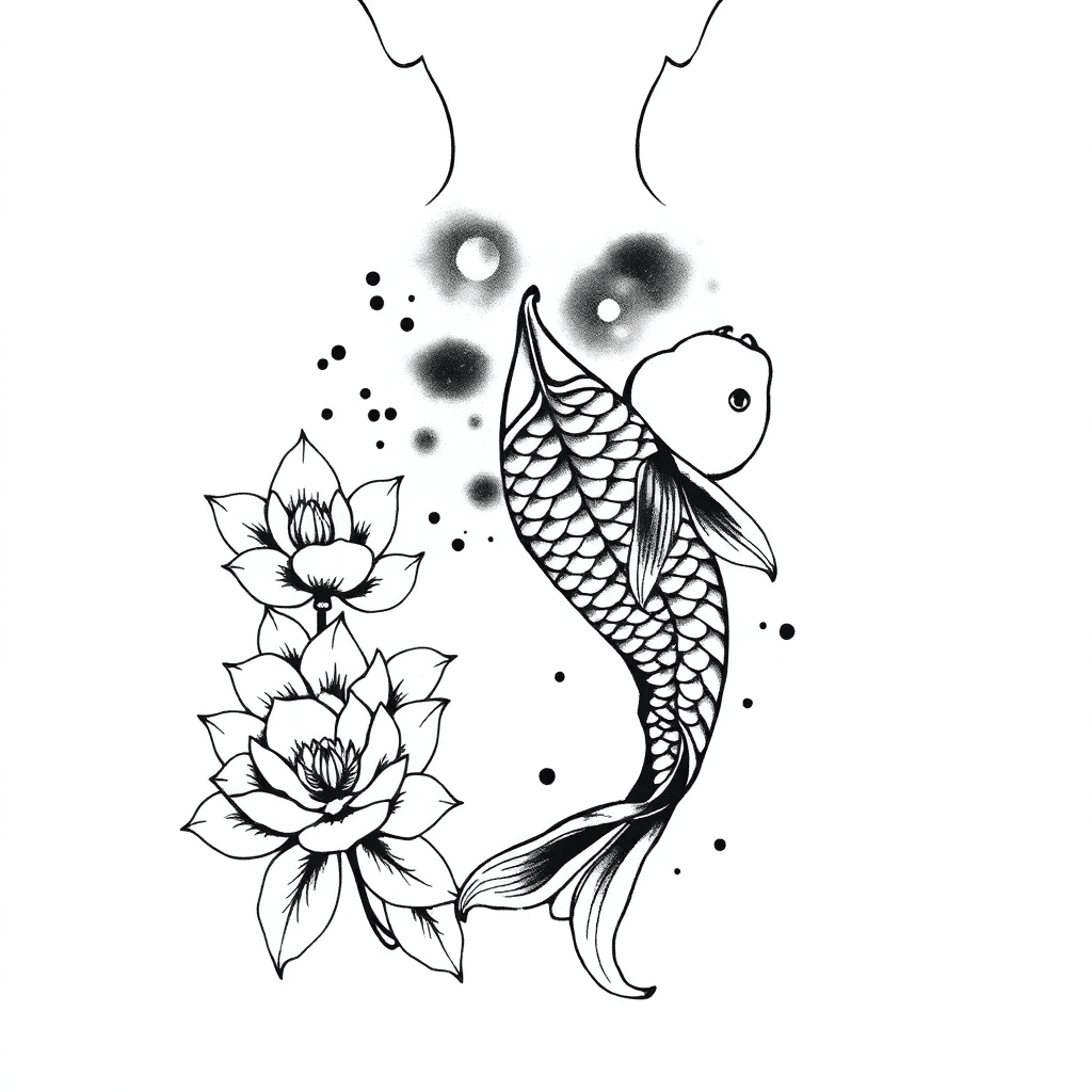 An Irezumi Style Back Tattoo With A Koi Fish In The Center And 3 Lotus Flowers To The Left Of It