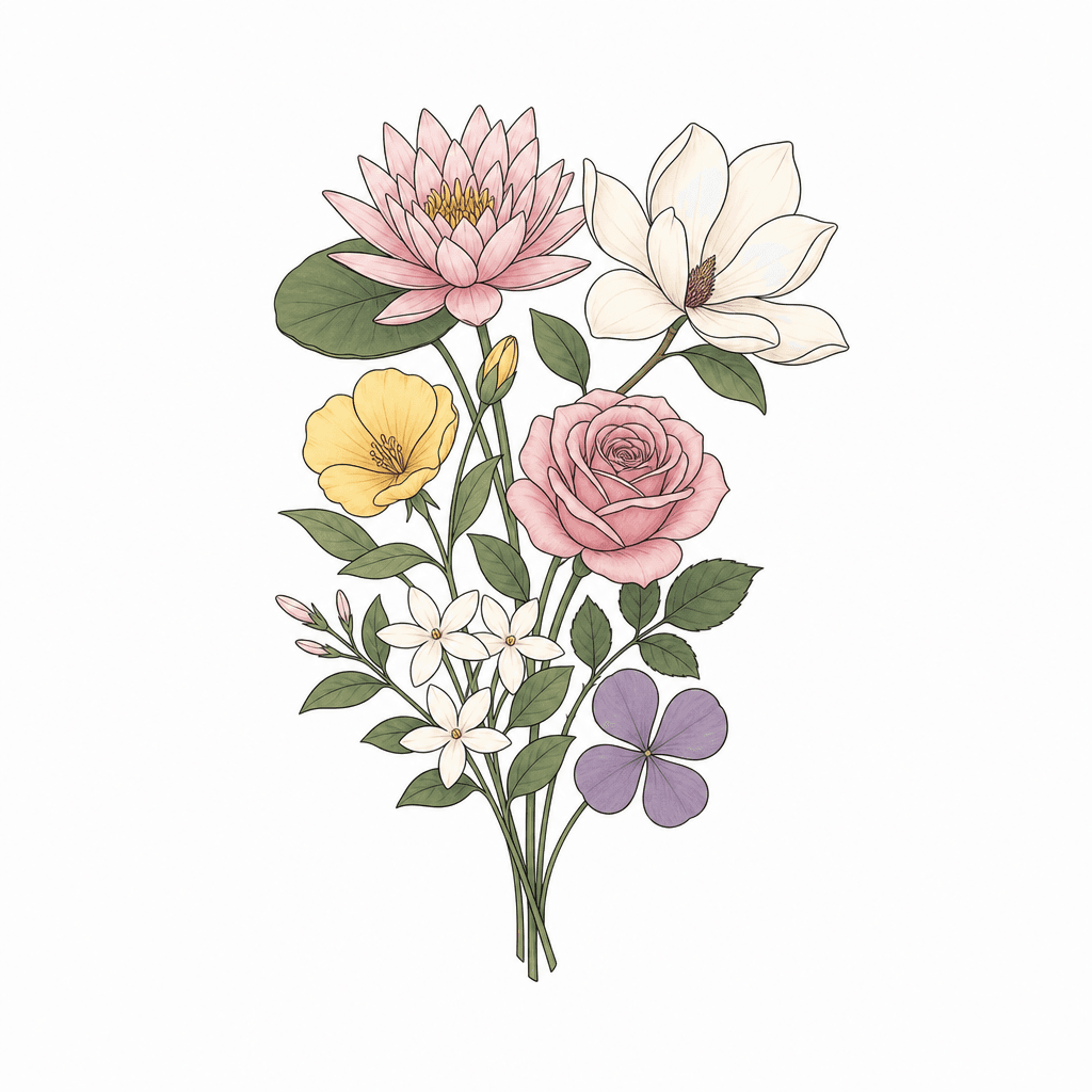I Want A Simple Flower Bouquet With The Following Flowers: Waterlily, Magnolia, Sundropflower From Tangled, Rose, Yasmin And A 4 Leaf Flower Like Ariel Has It In Her Hair.