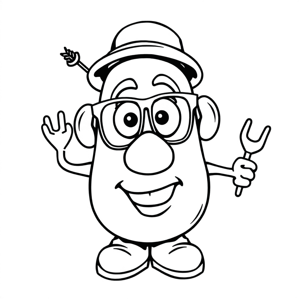 Mr. Potato Head Creating Funny Faces With Accessories. The Image Should Be In Line Art, With No Black Fills Or Shading—just Outlines. No Background.