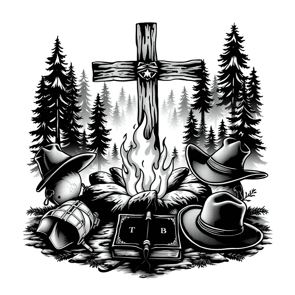A Campfire With An Old Rugged Cross In The Background With A Fireman's Helmet On One Side And A Cowboy Hat On The Other Side With A Bible On The Ground In Front Of The Fire In The Wooded Mountains