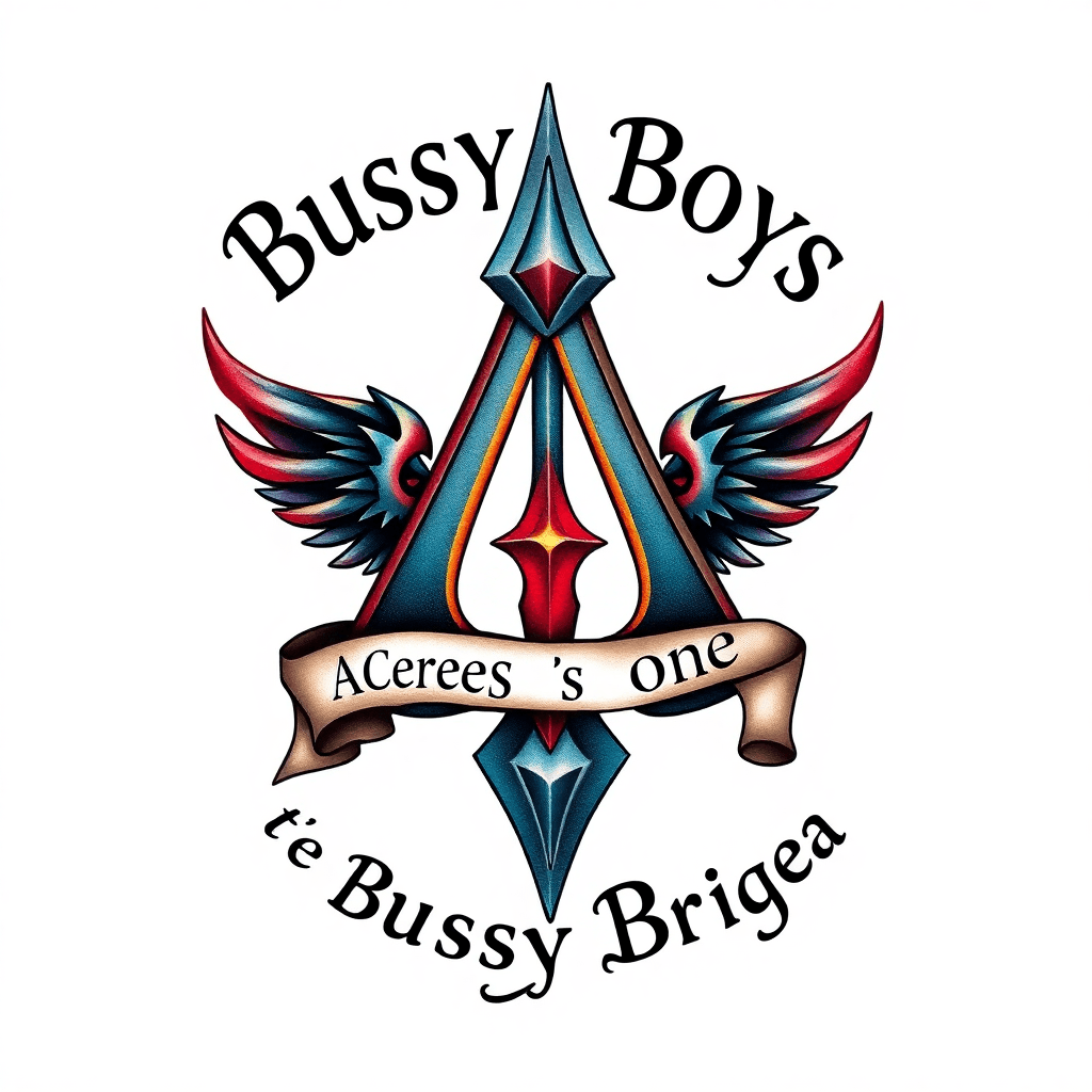 The Alliance Symbol From World Of Warcraft With A Wrapping Text That Says "bussy Boys" On Top And "here Comes The Bussy Brigade" On Bottom.