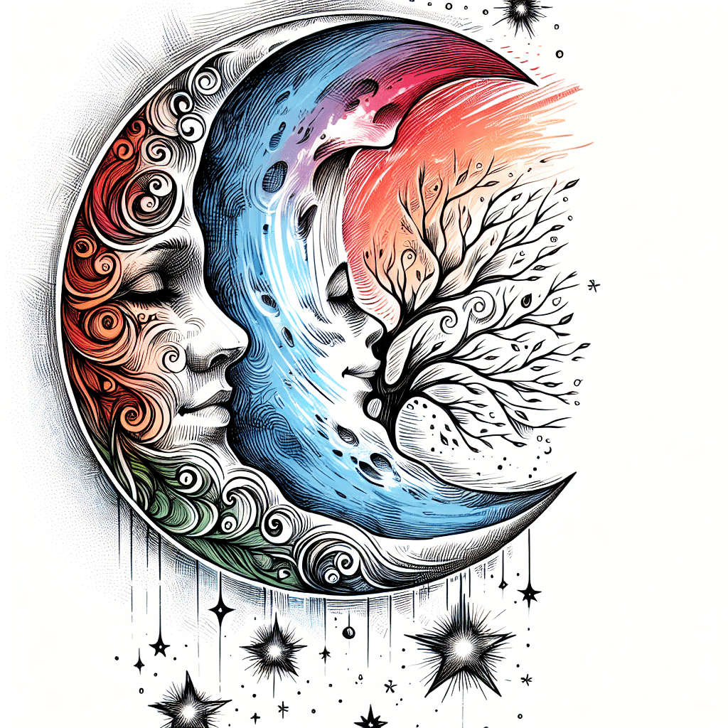Tree Of Life Background, Half Moon Merged With Nose, Eyes, Mouth, Three Shooting Stars Depicting My Wife And Two Kids, Feeling Of Close Family