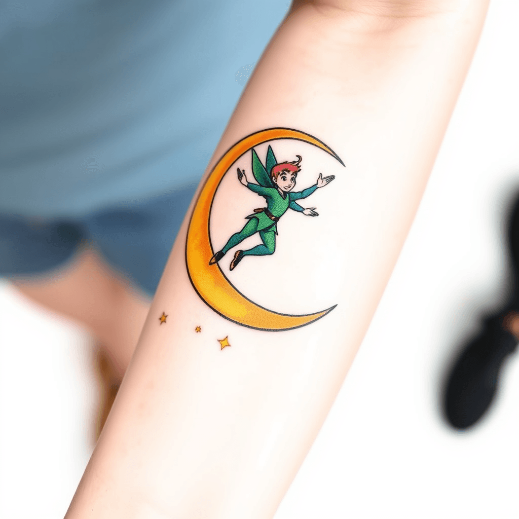 Forearm Tattoo Of A Crescent Moon With Peter Pan Flying