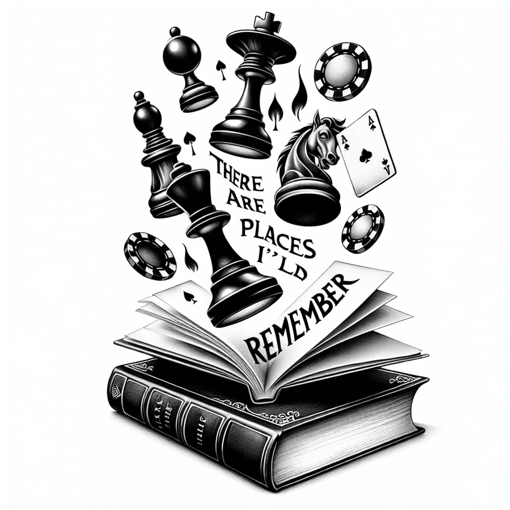 Chess Pieces Poker Chips And Playing Cards Mystically Rising From Antique Book With The Words “there Are Places I’ll Remember