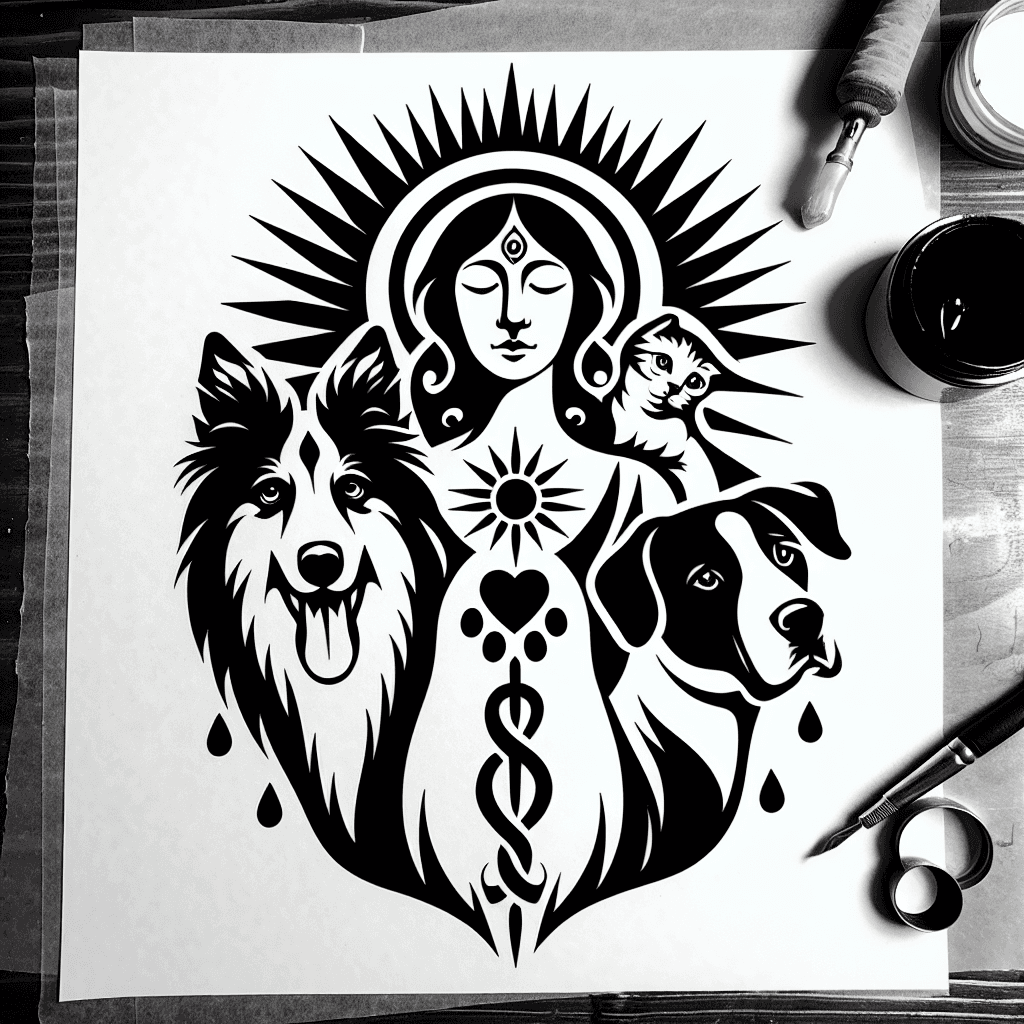 Traditional "healing woman symbol, Australian Shepherd (Emma), Great Dane with floppy ears (Trinity), and big-eyed cat (Peanut)" Tattoo Design