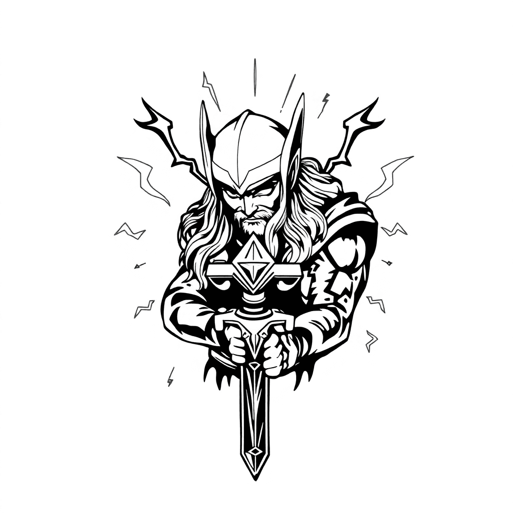 Long Sleeve Scandinavian Mithology God Thor With Mjolnir Surronded By Lightning Bolts