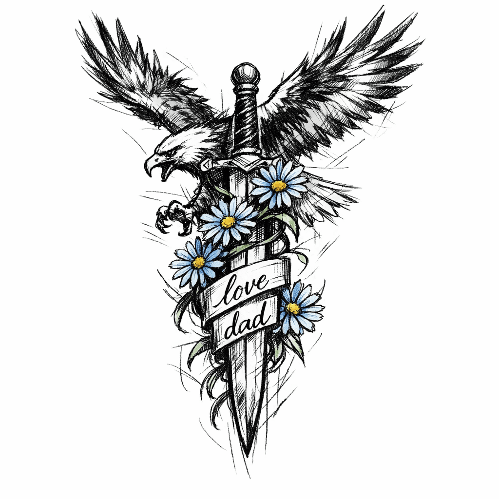 An Eagle In Flight, With A Sword, Wrapped In Blue Daisies And Love Dad On The Blade