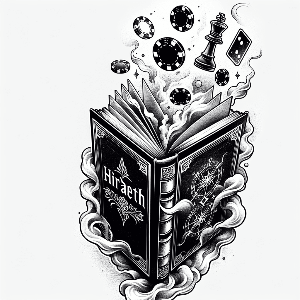 Forearm Tattoo Of An Antique Book Titled "hiraeth" Opened With Poker Chips And Chess Pieces Magically Flying Upwards With Smoke And With The Words "there Are Places I'll Remember"