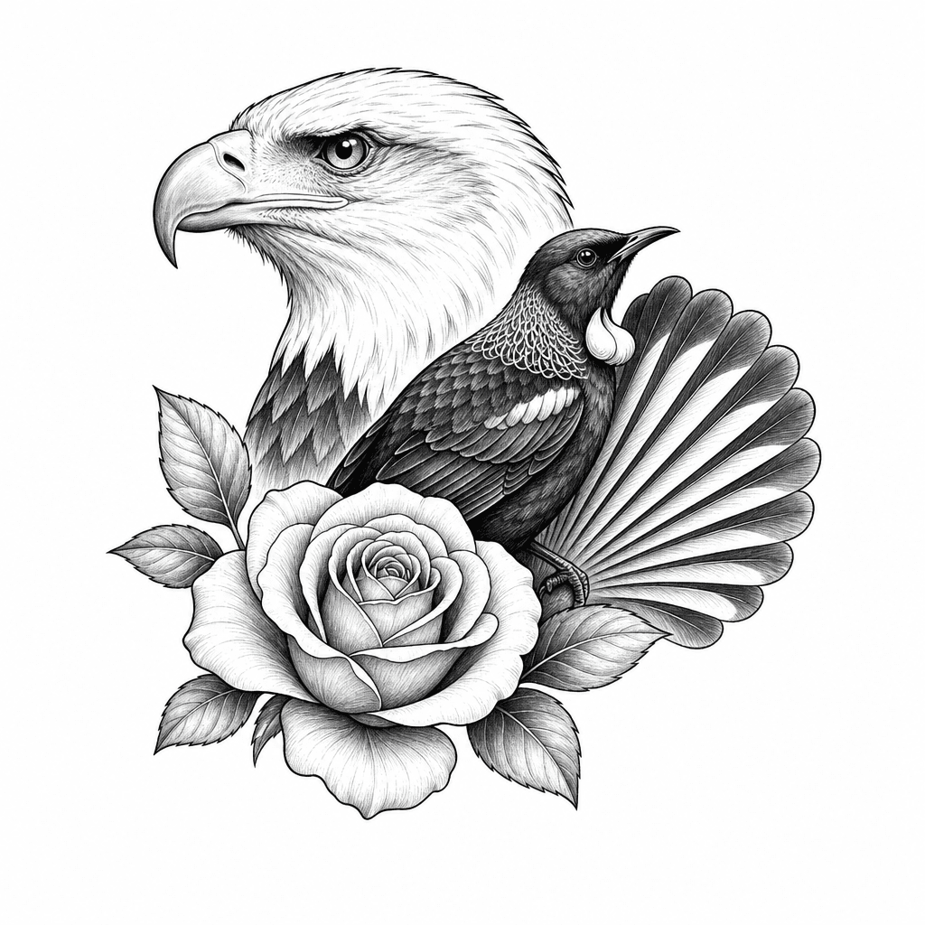 Eagle Rose Tattoo With A Tui And Fan Tail
