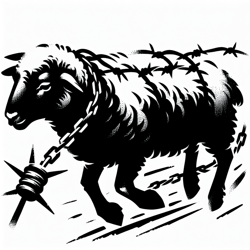 Black Sheep Being Led By Barbedwire