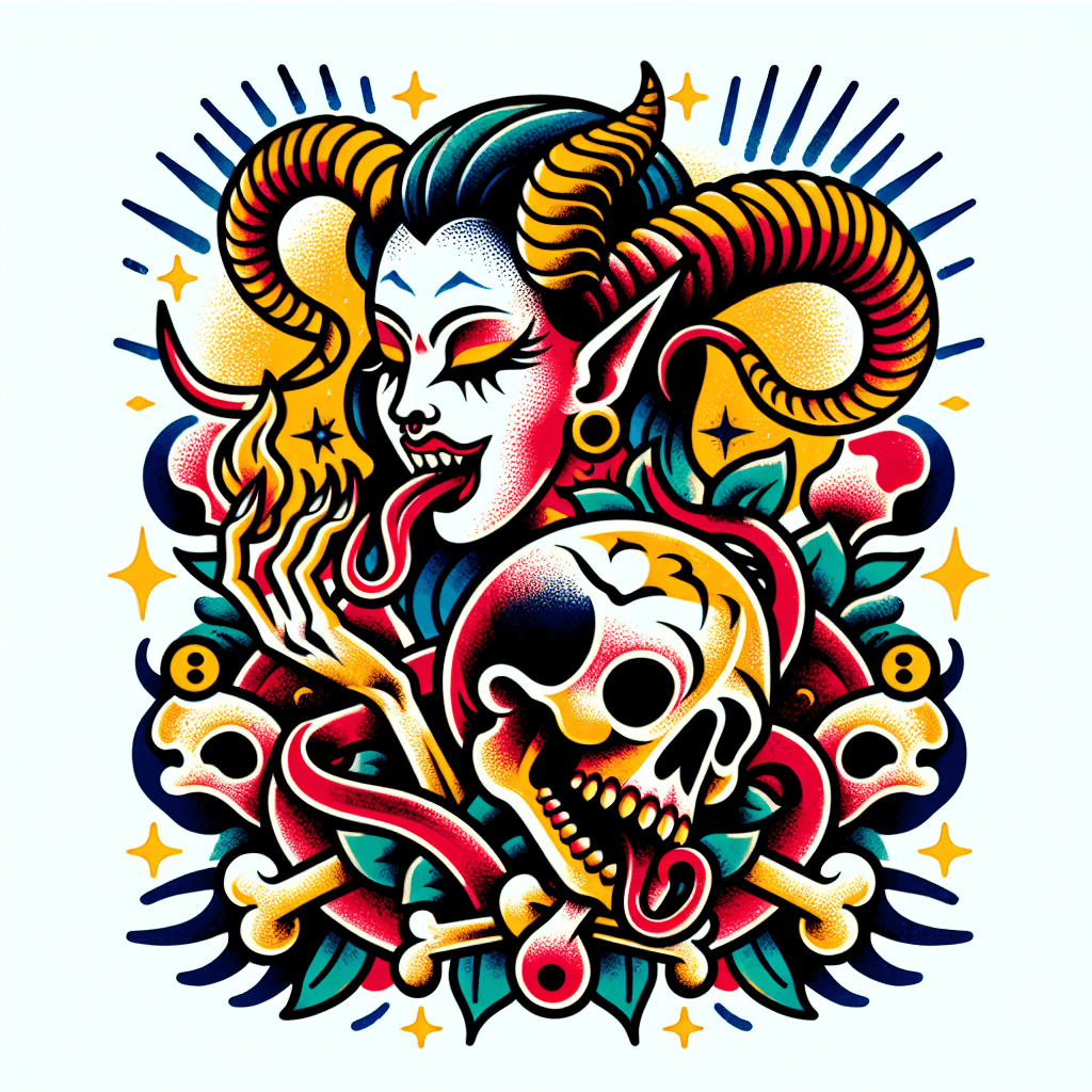 Traditional "beautiful succubus with long horns, licking a skull surrounded by bones" Tattoo Design