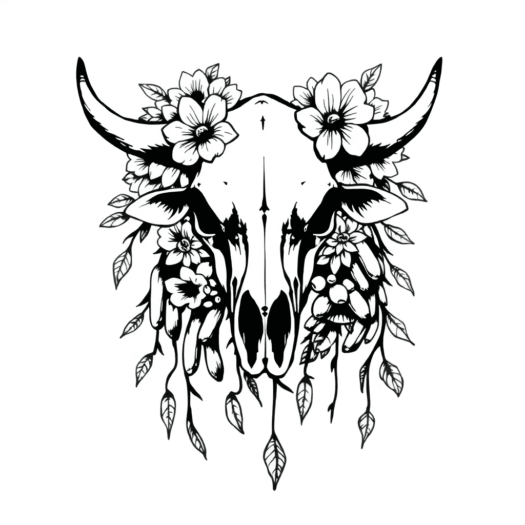 Large Cow Skull With Flowers Around It And Beans And Greens Hanging From It