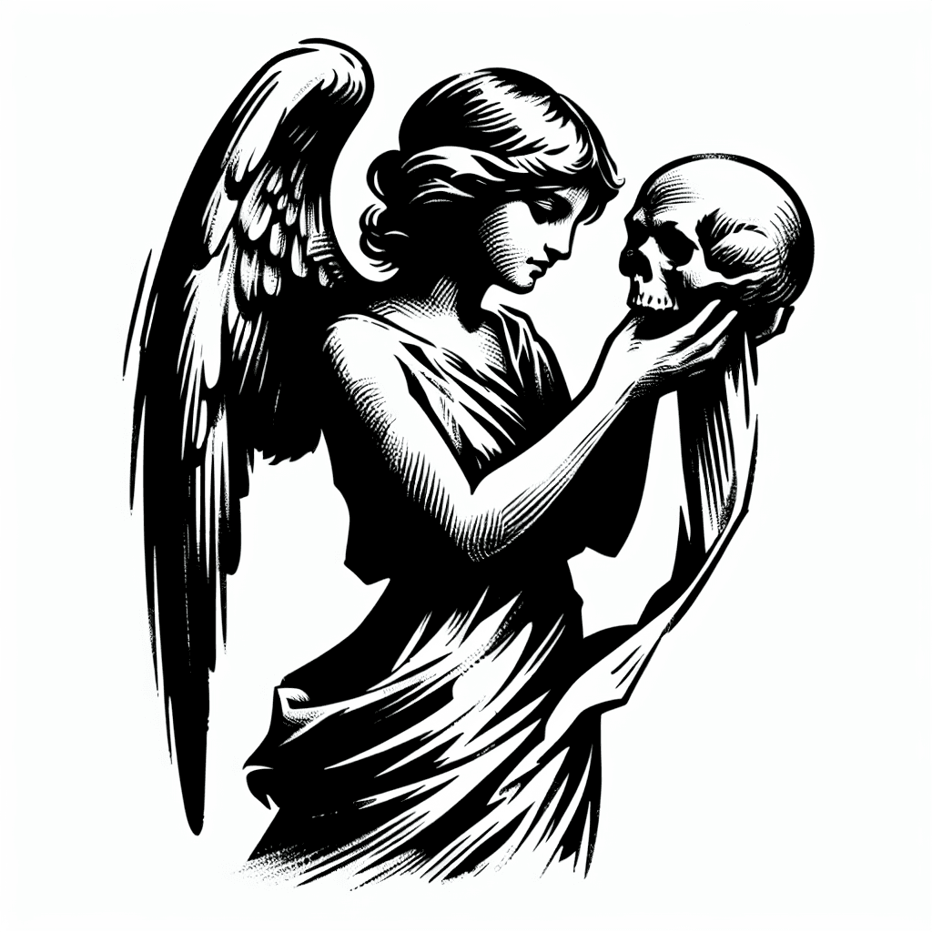 Angel Facing Death Holding Skull Head
