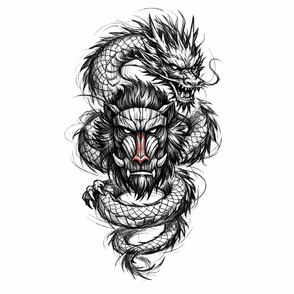 A Chinese Dragon With A Wooden Mask Of A Mandrill. On The Forearm. And The Dragon Would Circule Around My Forearm