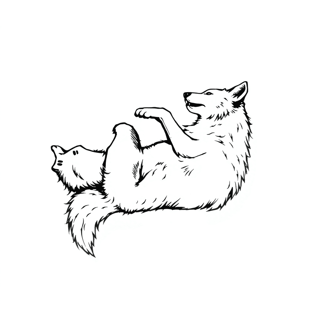 A Wolf Laying On Its Back Kicking It's Back Legs And Bending It's Front Paws