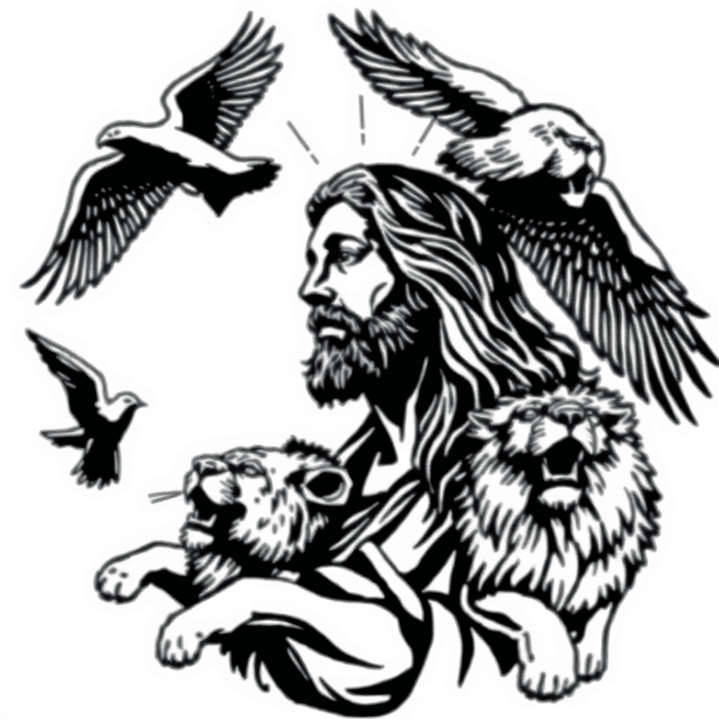 Jesus Christ With Lions And Birds Flying