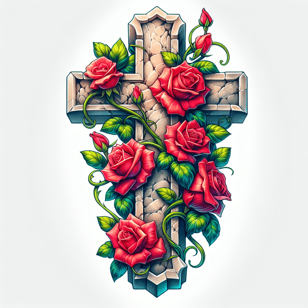 Stone Cross With Roses And Vines Growing On It