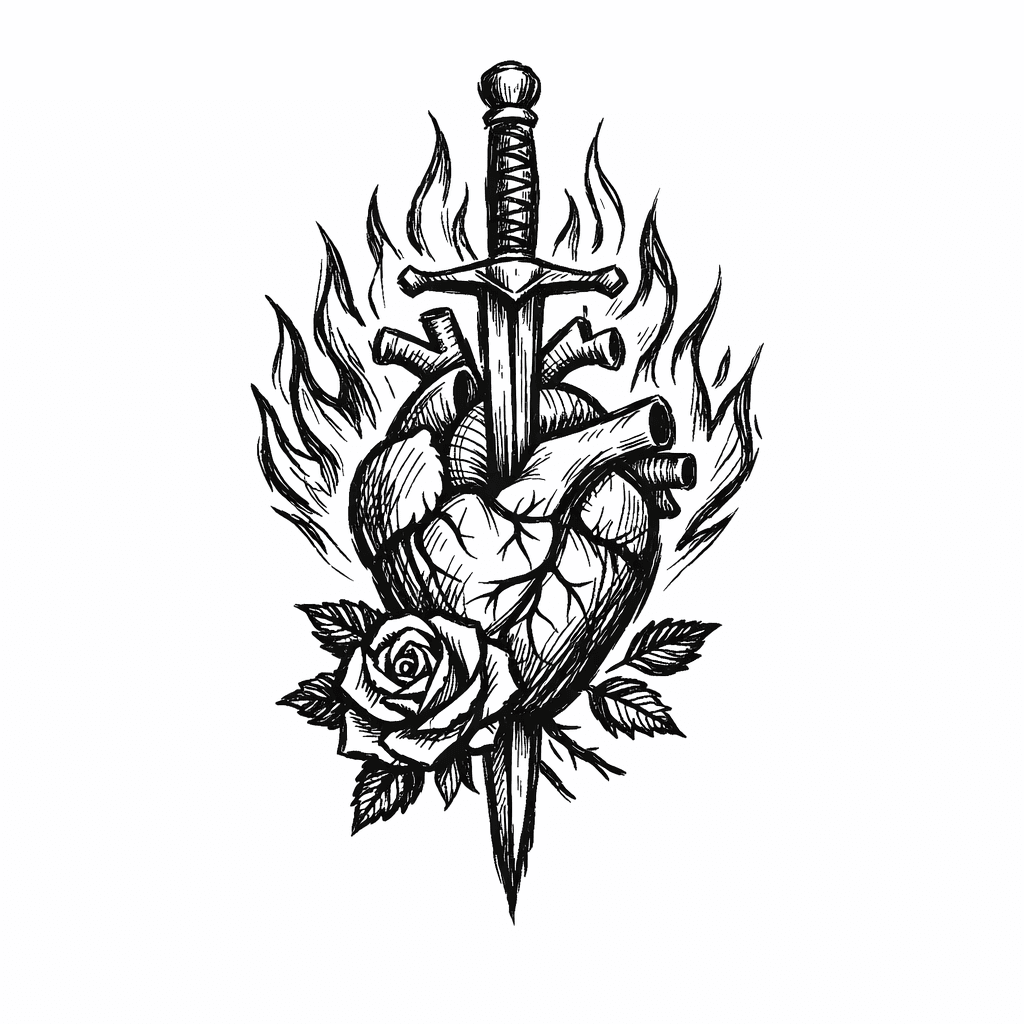Anatomical Heart With A Sword Through It Outlined By Flames And Rose