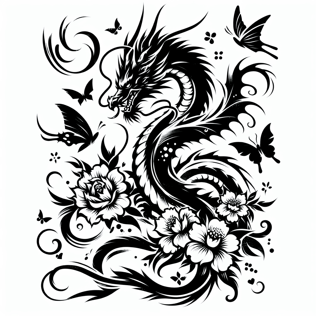 Dragon With Flowers And Butterflies Around