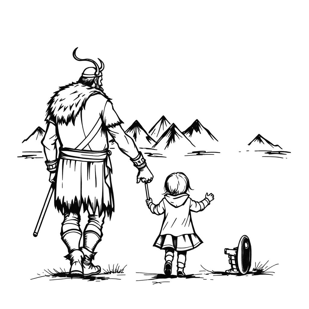 A Viking Father And Daughter Holding Hands Walking Towards Small Mountains With Northern Lights