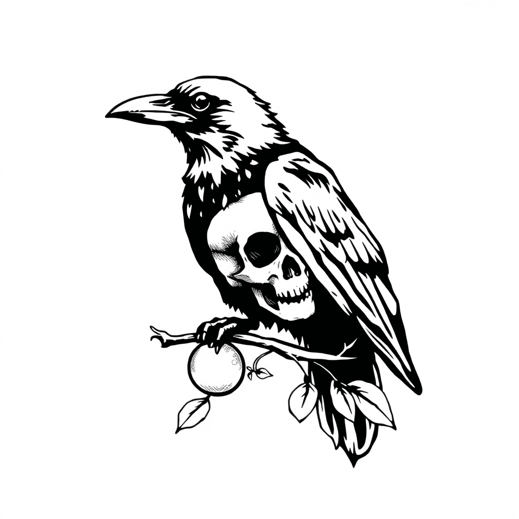 A Raven Sitting On A Plum Branch With A Skull As His Chest