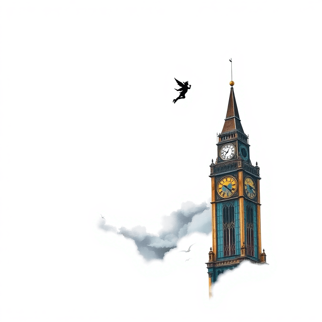 Clock Tower With Silhouette Of Peter Pan Flying Surrounded By Clouds And Fog