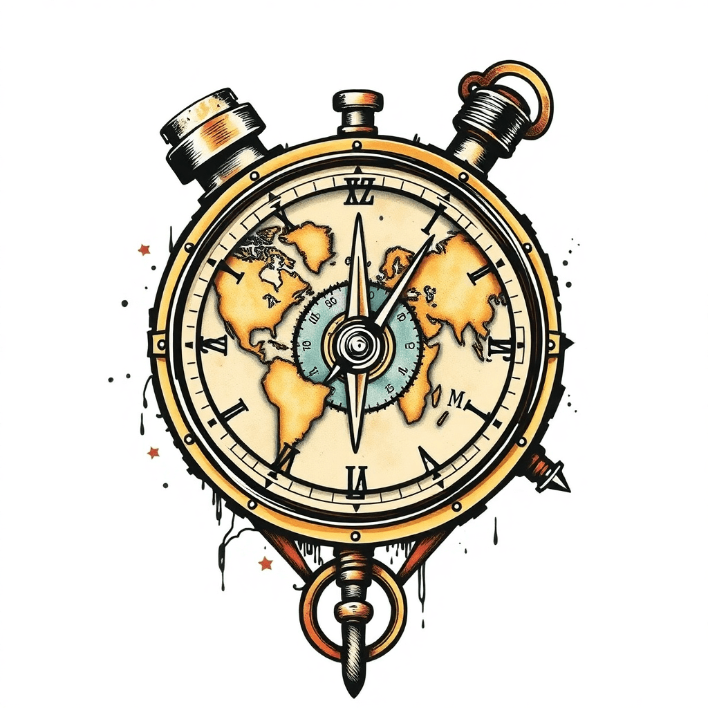 Old And Complex Steampunk Timepiece And Compass With World Map