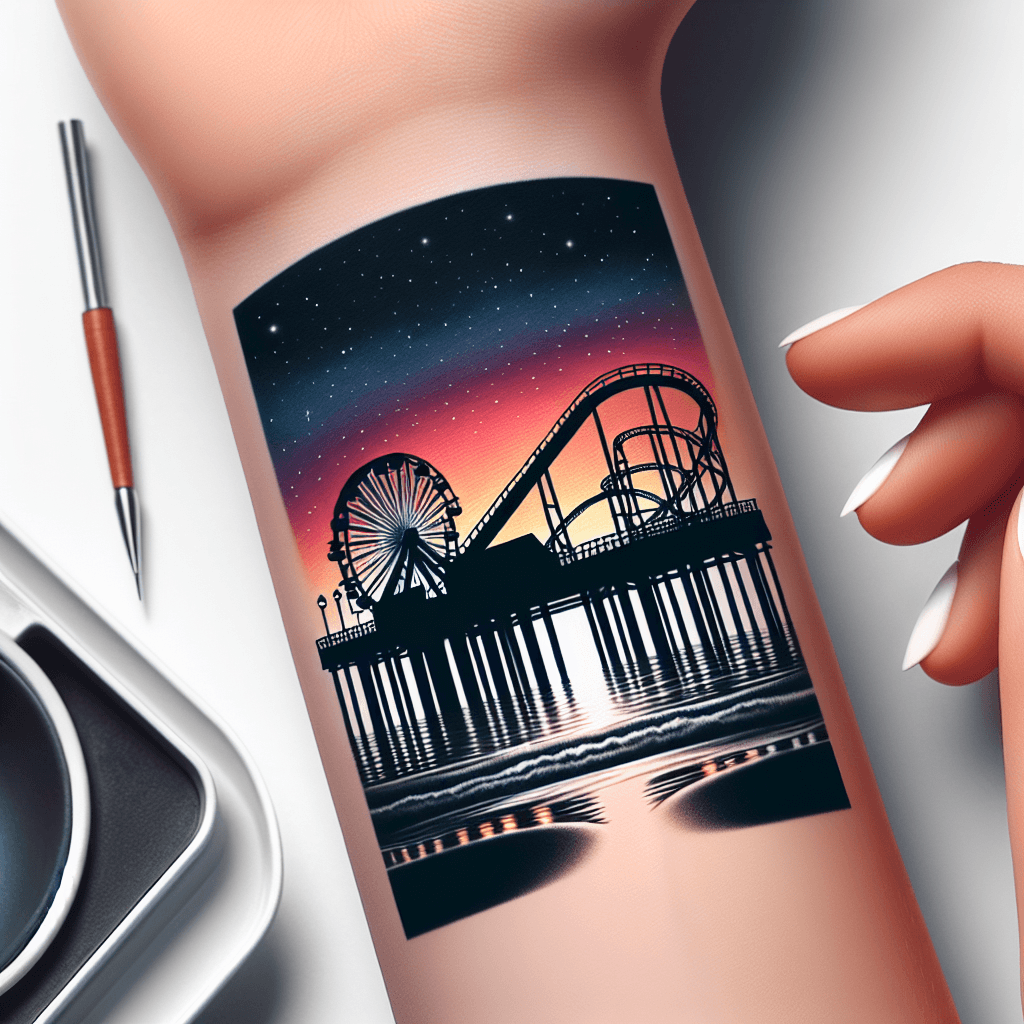 Wrist Tattoo Of Roller Coaster On Pier At Night